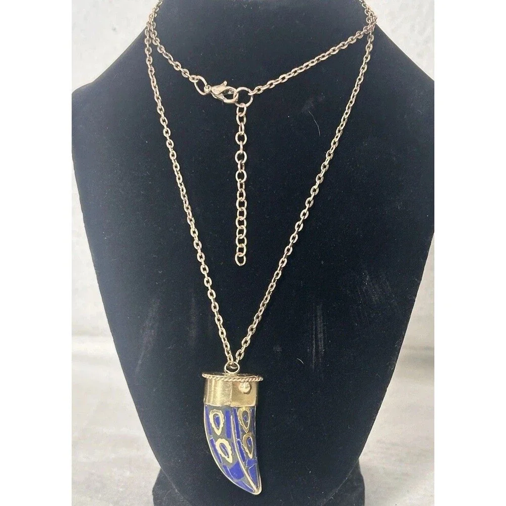 Antique Lapis Lazuli Tibetan Inlay Brass Nepal Horn Necklace Himalayan Long